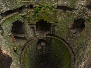 A top-down view into the deep, mossy interior of a ruined circular castle tower (Conwy, Wales, United Kingdom)