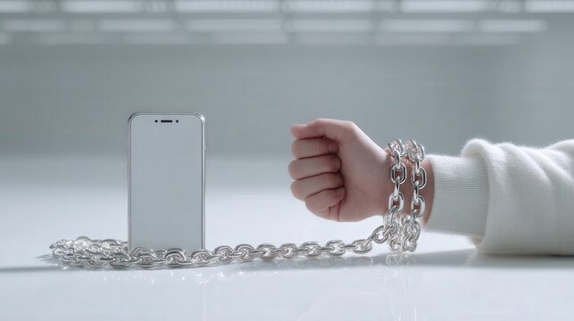 A Hand is Chained to a Mobile Phone, Symbolic of Technology's Grip. ..Created with Generative AI, not depicting real subjects.