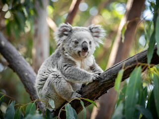 Fototapeta premium Koala Sitting on Eucalyptus Tree Branch in Forest