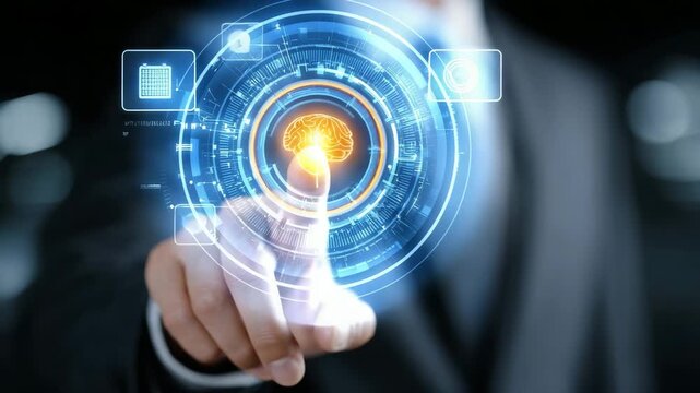 Businessman touching a futuristic holographic interface displaying a glowing brain icon