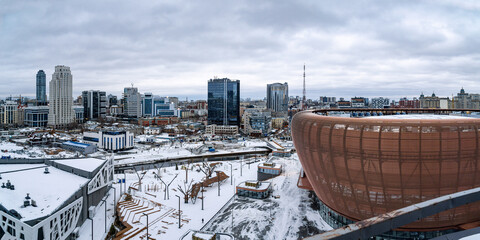 the center of ekaterinburg the embankment of the river iset and UGMK arena