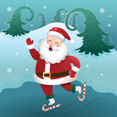 Cute Santa Ice Skating in a Winter Forest – Festive Christmas Illustration