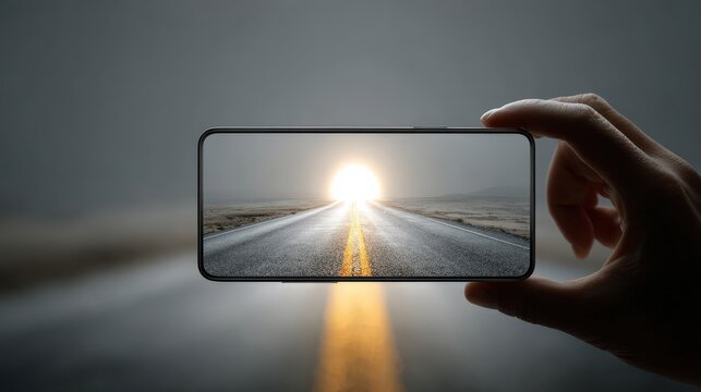 A captivating shot of a smartphone capturing a vast open road, framing the journey ahead with hope of bright future. ..Created with Generative AI, not depicting real subjects.