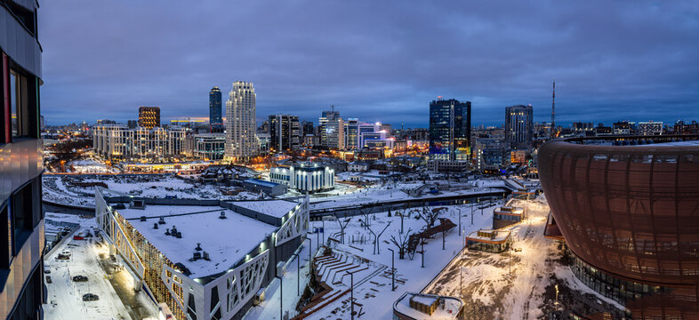 the center of ekaterinburg the embankment of the river iset and UGMK arena