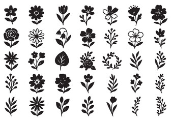 Mixed Style Black Floral Vector Set. Hand Drawn Doodle and Solid Silhouette Flower Icons. Botanical Graphic Bundle.