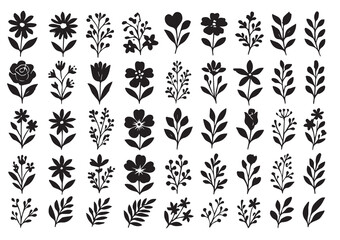 Obraz premium Mixed Style Black Floral Vector Set. Hand Drawn Doodle and Solid Silhouette Flower Icons. Botanical Graphic Bundle.