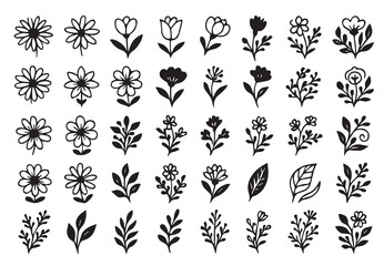 Hand Drawn Black and White Floral Icon Set. Botanical Doodle Flowers and Leaves Collection. Simple Vector Elements for Design.