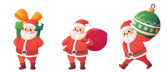 Set of vector illustration of three cute Santa Claus characters in different poses. For decorating card, poster, banner. Merry Christmas, New Year concept