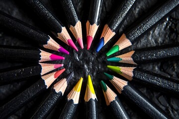 Creative black pencils arranged in a circle featuring colorful tips on dark background