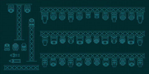 Technical blueprint illustration of multiple stage lighting fixtures mounted on truss structures. Detailed line-art set of moving heads, spotlights and rigging elements for professional stage design