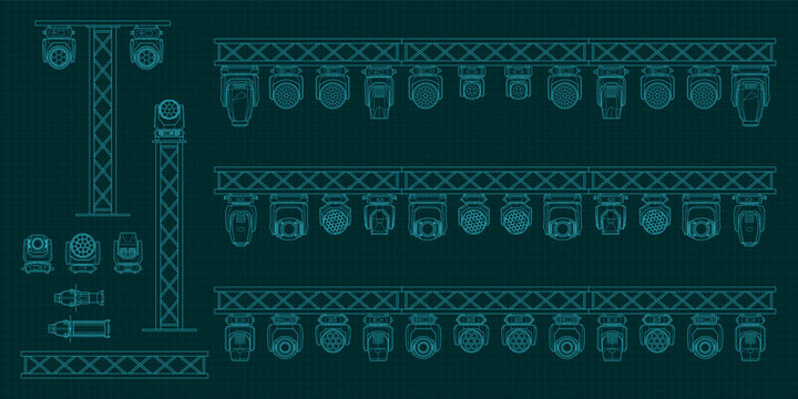 Technical blueprint illustration of multiple stage lighting fixtures mounted on truss structures. Detailed line-art set of moving heads, spotlights and rigging elements for professional stage design