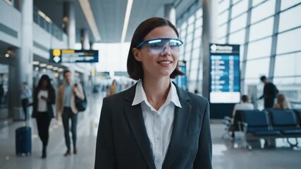A professional woman wearing innovative augmented reality glasses walks through a modern airport terminal. - Powered by Adobe