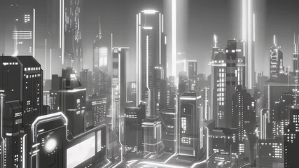Futuristic monochrome cityscape with glowing digital grid - Powered by Adobe