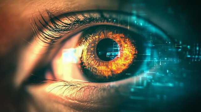 Human eye observing digital data futuristic technology