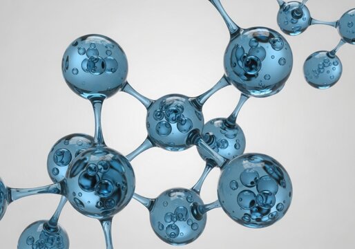 Clear blue liquid spheres form complex molecular structure background