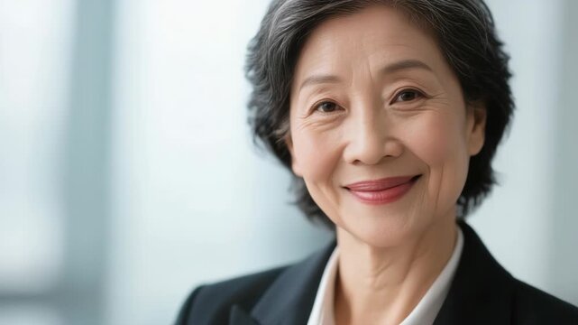 Portrait of a confident senior businesswoman smiling warmly in a bright modern office. Professional mature woman in a formal suit, representing leadership and success.