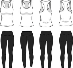 Athletic fashion set, white tank tops, black leggings, racerback design, seam details, front and back views, fitness apparel, activewear vector, gym wear