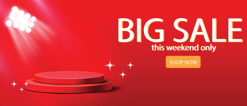 Big sale banner with red podium and spotlights, promoting a weekend sale event