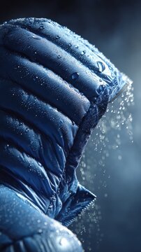 A blue hooded puffer jacket in the rain.