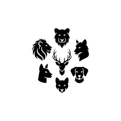 7 animal heads  lion, tiger, wolf, deer, cat, dog, solid black silhouettes, vector style