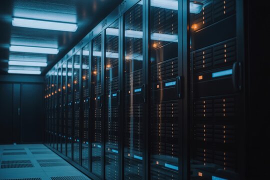 Modern server room with rows of rack cabinets and glowing lights