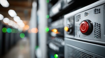 Close-Up of Server Rack with Red Emergency Button in a Data Center Environment
