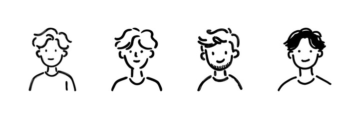 Four Male Faces Line Icon Set In Doodle Style. Diverse Hairstyles And Expressions Outline Sketch Collection. Character Design And Illustration. Hand Drawn Isolated Vector Illustration