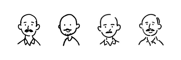 Bald Men With Mustaches Line Icon Set In Doodle Style. Facial Hair And Baldness Representation Outline Sketch Collection. Character Diversity And Style. Hand Drawn Isolated Vector Illustration