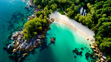 Aerial view of a tropical island with a sandy beach lush greenery and clear turquoise waters