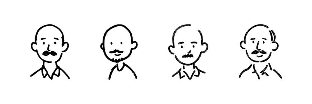 Bald Men With Mustaches Line Icon Set In Doodle Style. Facial Hair And Baldness Representation Outline Sketch Collection. Character Diversity And Style. Hand Drawn Isolated Vector Illustration