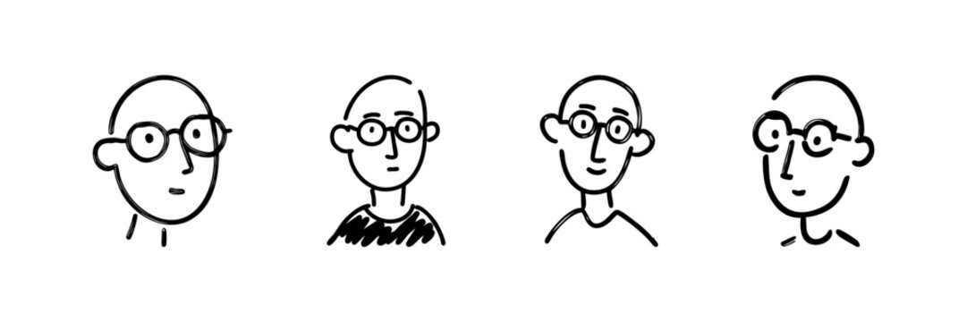 Bald Man With Glasses Line Icon Set In Doodle Style. Character Expression And Personality Outline Sketch Collection. Hand Drawn Isolated Vector Illustration
