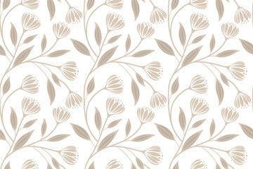 Fototapeta premium Soft beige floral seamless pattern with delicate blooming stems creates a gentle botanical look. The repeating design adds elegance and natural harmony to any surface. Ideal for wallpapers, fabrics, s