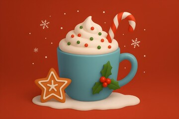 “Cozy Christmas Hot Cocoa Mug with Whipped Cream, Candy Cane & Gingerbread Cookie – 2D Festive Holiday Illustration”