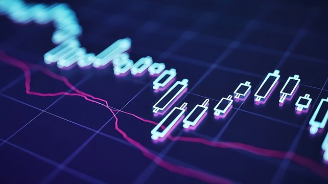 Financial graph with up trend line candlestick chart in stock market on neon color Widescreen background..