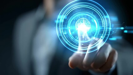 Closeup of a hand interacting with a glowing blue digital interface displaying a human brain icon - Powered by Adobe