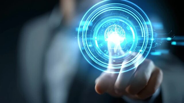 Closeup of a hand interacting with a glowing blue digital interface displaying a human brain icon - Powered by Adobe