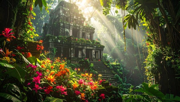 Hidden tropical ruins surrounded by thick greenery, tropical flowers, sunbeams breaking through the treetops