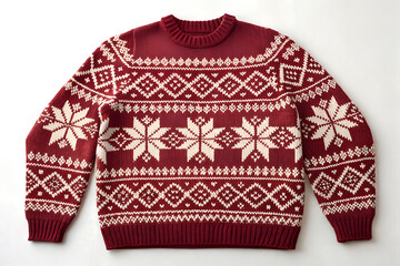 Close-up of red-and-white Nordic knit sweater showing repeated snowflake pattern and yarn texture