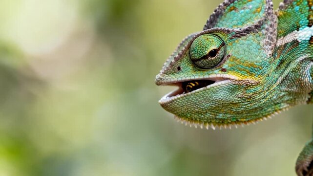 Chameleon's fast tongue snatches bee in close-up action.