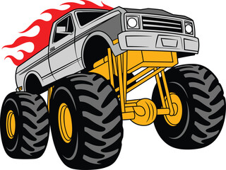 Monster truck illustration, flame trail vector, lifted suspension design, oversized tire graphic, aggressive vehicle artwork, off-road automotive icon ©  Miller