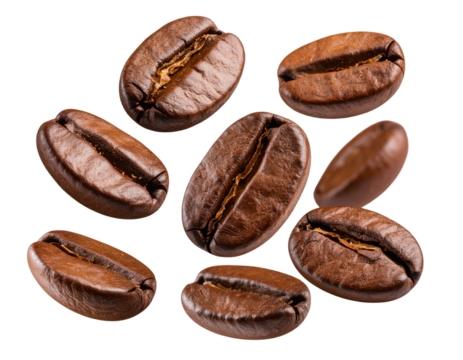 Cluster of Roasted Coffee Beans Tipping from the Edge – Motion Isolated PNG