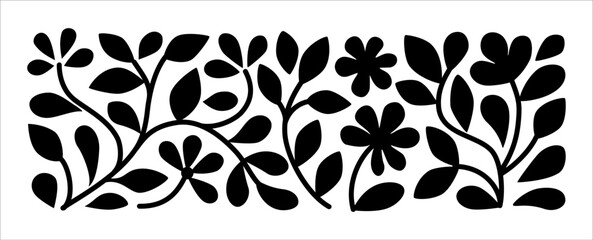 Botanical silhouette pattern with abstract flowers and leaves. Vector illustration for folk art, paper cut design, textile, packaging, or eco branding.