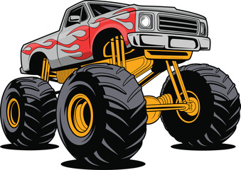 Monster truck illustration, oversized tire vector, flame decal design, rugged vehicle graphic, extreme off-road icon, stylized automotive artwork ©  Miller