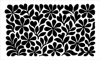 Seamless floral pattern with hand-drawn black silhouettes of abstract flowers and leaves. Vector illustration for folk decor, textile, branding, and DIY crafts.
