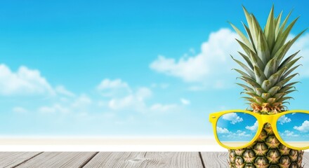A ripe pineapple wearing cool yellow sunglasses, reflecting a bright blue sky with fluffy clouds, sitting on a rustic wooden table, evoking a fun summer vacation vibe