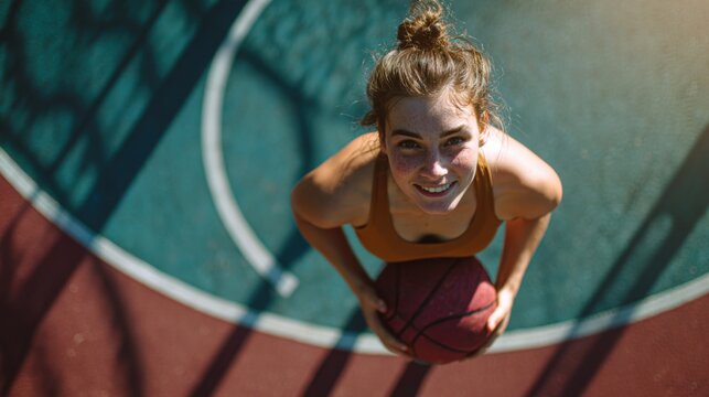 Smiling girl holding a basketball ball and standing under the basket.