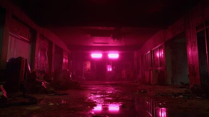 Abandoned building hallway with vibrant pink neon lights reflecting on wet floor - Powered by Adobe