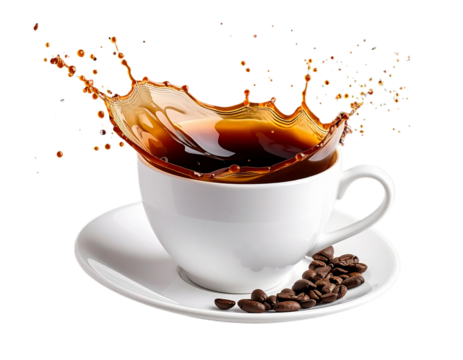  Coffee Cup Tilted with Swirling Liquid Splash, Diagonal Composition, Transparent Background