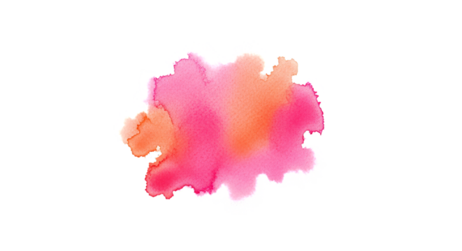 Vibrant pink and orange watercolor splash with soft edges isolated on transparent background