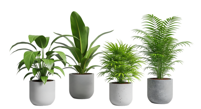 Four potted green houseplants on black background